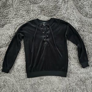 Forever 21 Velvet Lace Up Black Crew Neck Sweater Size Small